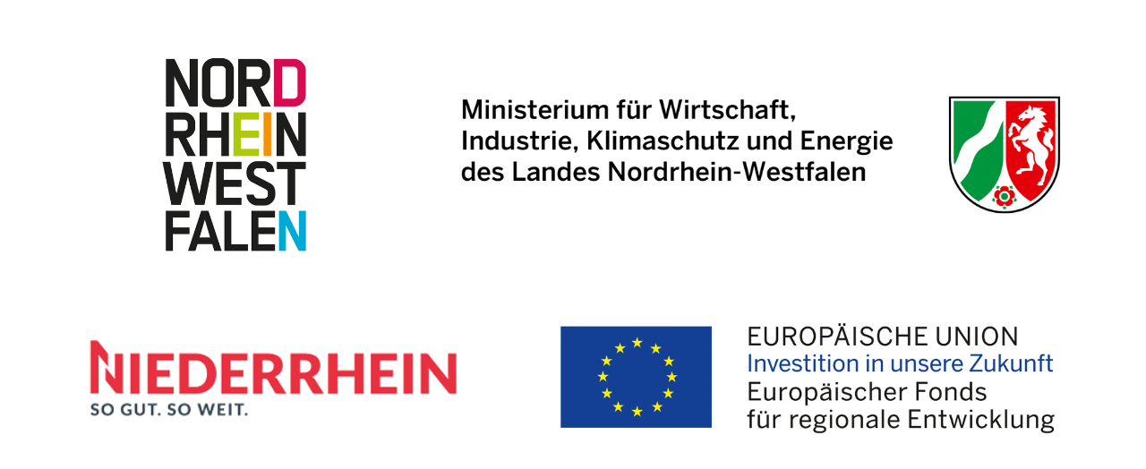 Logoleiste Erlebnis.NRW 4.0: Nordrheinwestfalen Tourismus, Ministerium für Wirtschaft, Niederrhein Tourismus, Europäischer Fonds für regionale Entwicklung